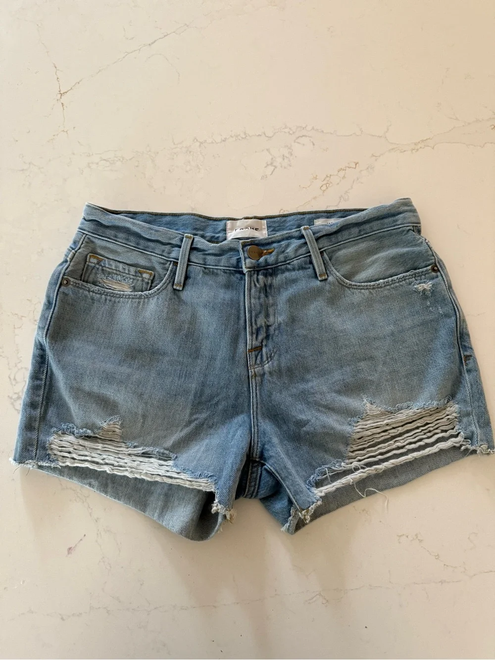Frame Denim Light Blue Distressed Denim Shorts